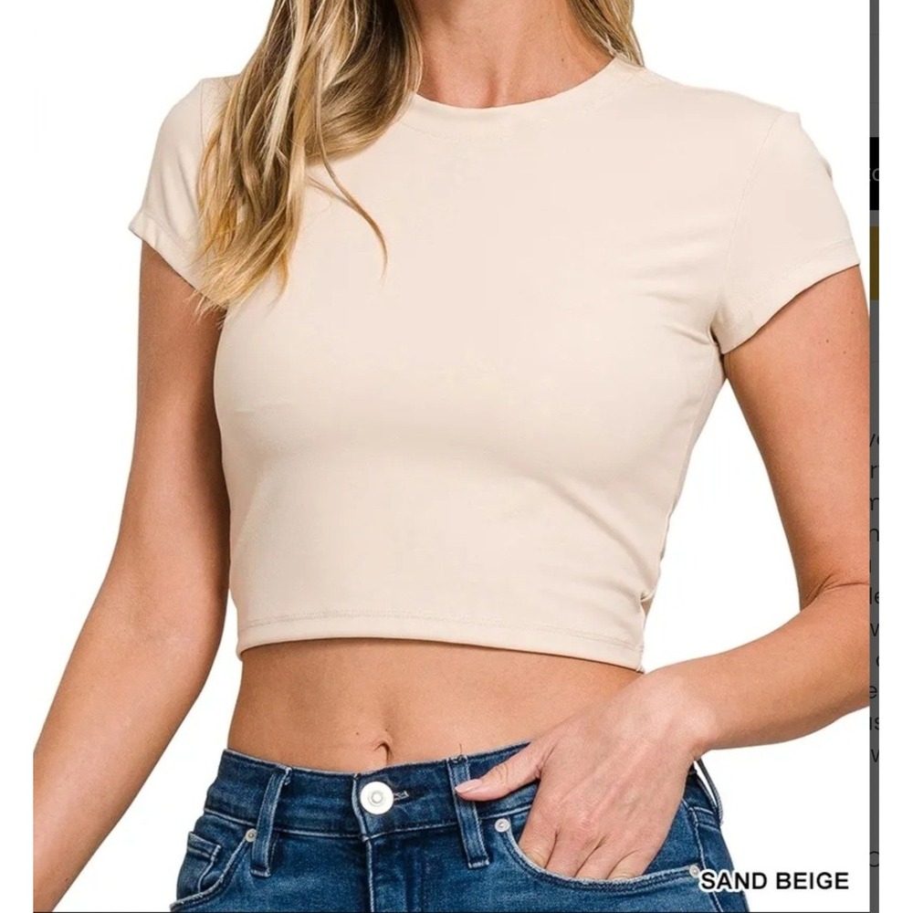 Zenana Womens Cropped ‎ Short Sleeve Top Sand Beige Size S/M NEW